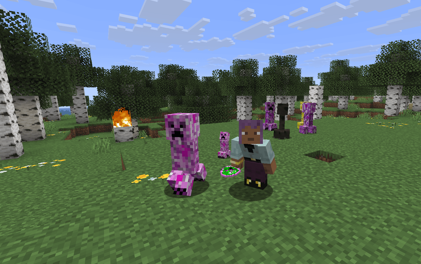 A tamed pink Friendly Creeper sitting next to its owner