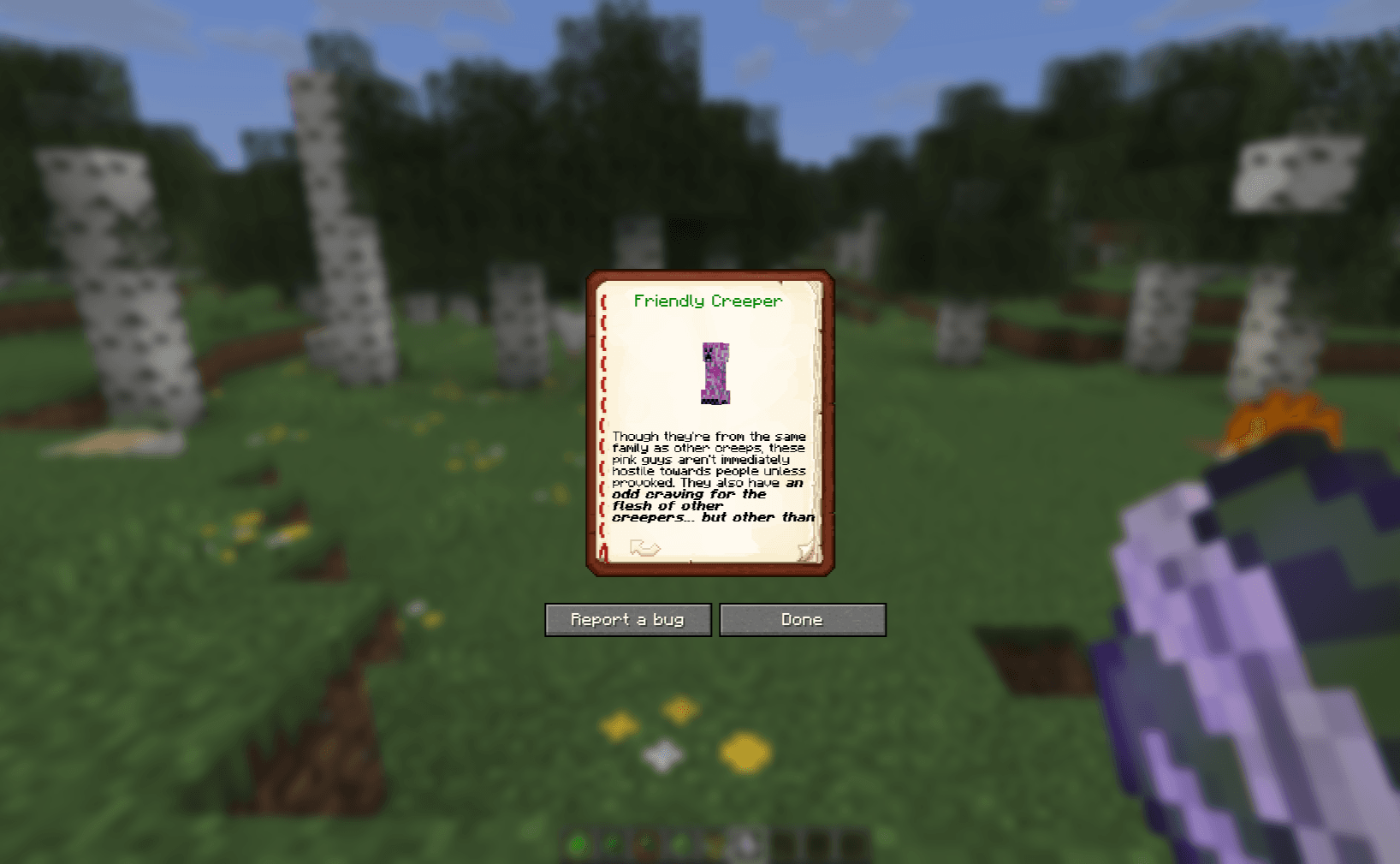 The Creepapedia open on the Fire Creeper page, with the creeper drawn on the page