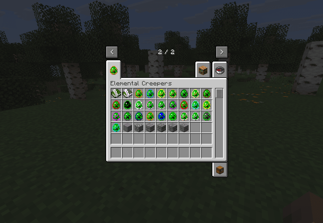 The 26 Elemental Creepers spawn eggs, recolored from the vanilla creeper egg