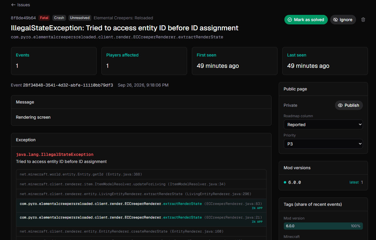 The Creepapedia crash reported in the Nitea dashboard with its stack trace